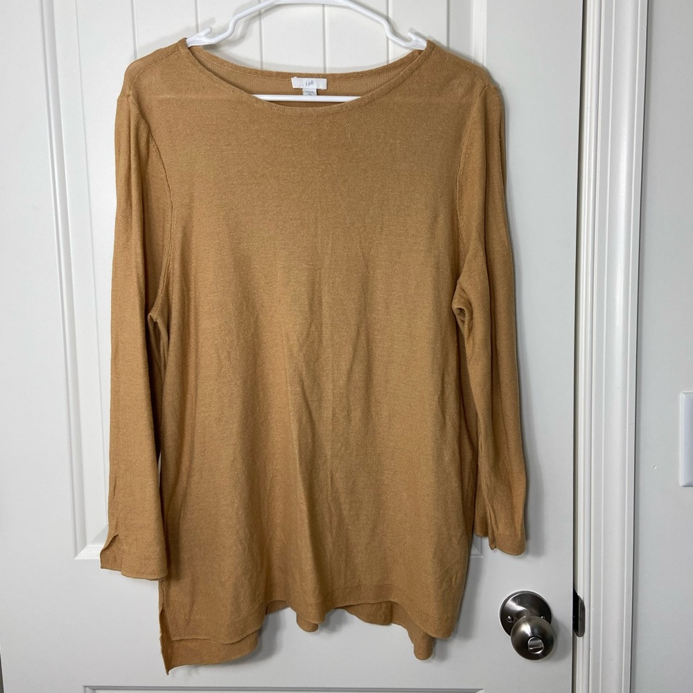 EUC J. Jill women’s tan linen blend 3/4 sleeve lengthy tall top blouse‎ large